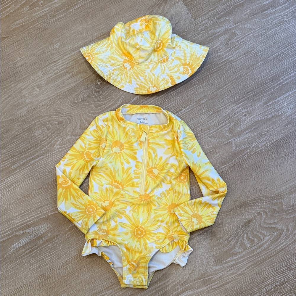 Carter's Sunflower Yellow Swimsuit and Hat Set Size 24 Months